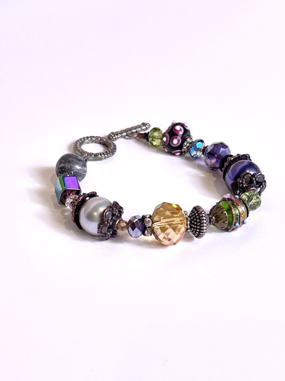 Pewter and crystal beaded bracelet